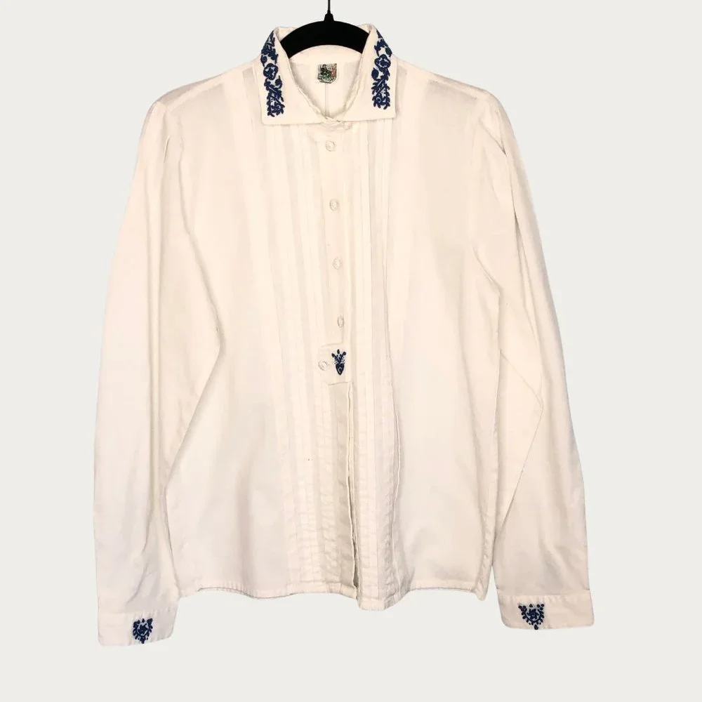 Vintage Gossl Germany Hand Embroidered White Button Down Shirt Blue 38 S - Picture 1 of 8
